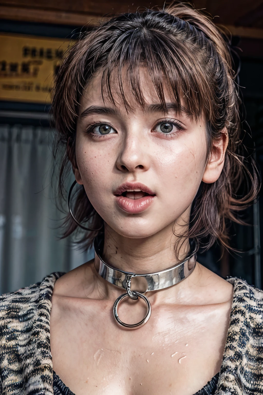 realistic, photo-realistic, masterpiece, best quality, intricate details, extremely detailed, cinematic lighting, solo, a Japanese mature woman, (tongue out:1.2), wearing some clothes, dark hair, bangs, ponytail, hair ornament, hair scrunchie, beautiful face, (detailed face, beautiful detailed eyes, sophisticated nose), brown eyes, pale skin, fine-textured skin, sweaty, shiny skin, earrings, (metal collar, o-ring), photo background, indoors, home, 