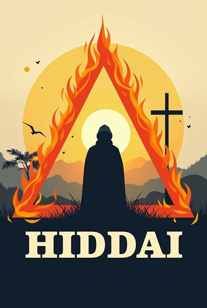 Create a logo in the shape of a triangle with fire edges that on the left side of the triangle and below the triangle says:"HIDDAI" and in the background a cross and a shadow of a person with a yellow handkerchief and a beautiful landscape with sun