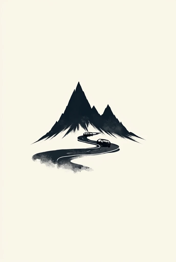 Create a 2D logo using lines,The lines have mountains and cars,Ink style