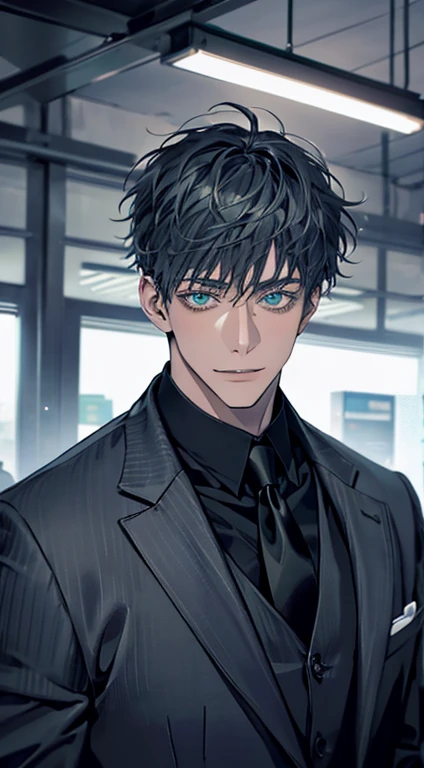 (Highest quality,4K,8K,High resolution,masterpiece:1.2),Super detailed,(Realistic,photoRealistic,photo-Realistic:1.37),1 person,34 years old,Mature Men,Beautiful skin、very handsome,Expressionless smile in love,Short blue hair,green eyes,Sharp Eyes,A perfect face without a doubt,Businessman, CEO, Office Background,Cinema Lighting,HDR image,tie、