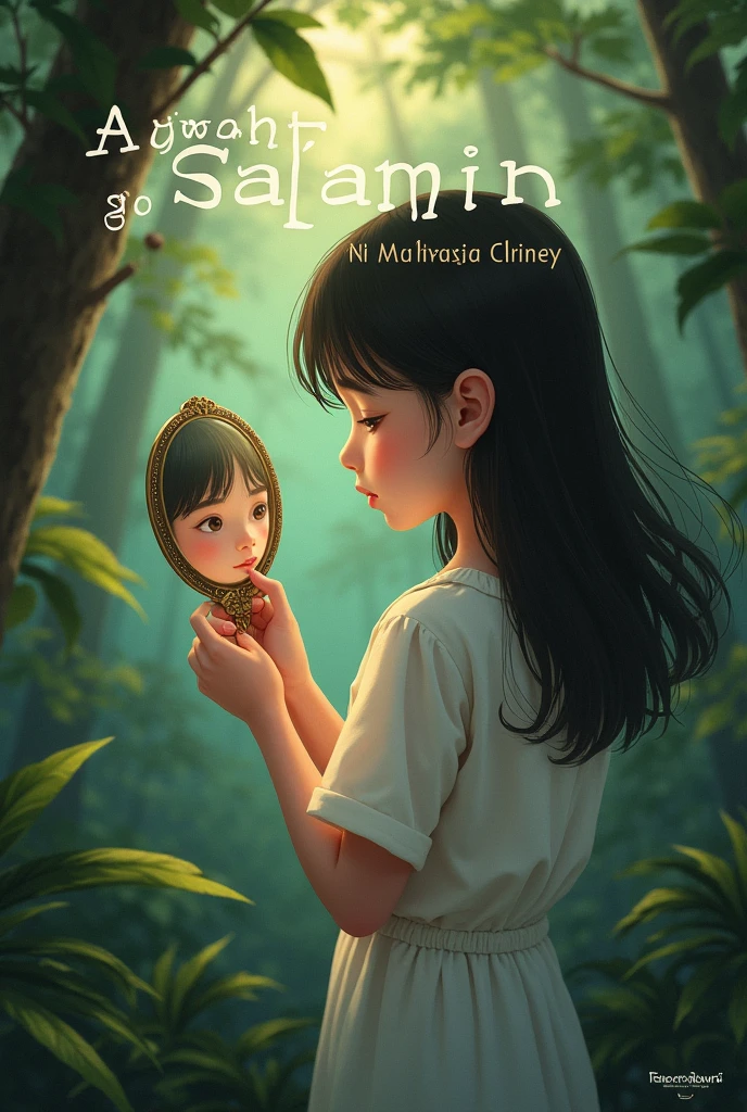 make a poster about a girl facing back while holding a small mirror make it nice put a text Alamat ng Salamin the girl is in the forest dont put the english term
