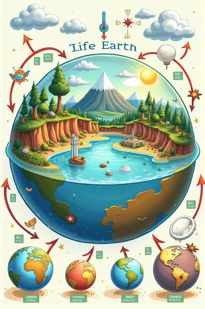 diagram or cartoon drawing of the earth showing the energy, atmosphere, temperature, water and nutrients that supports life