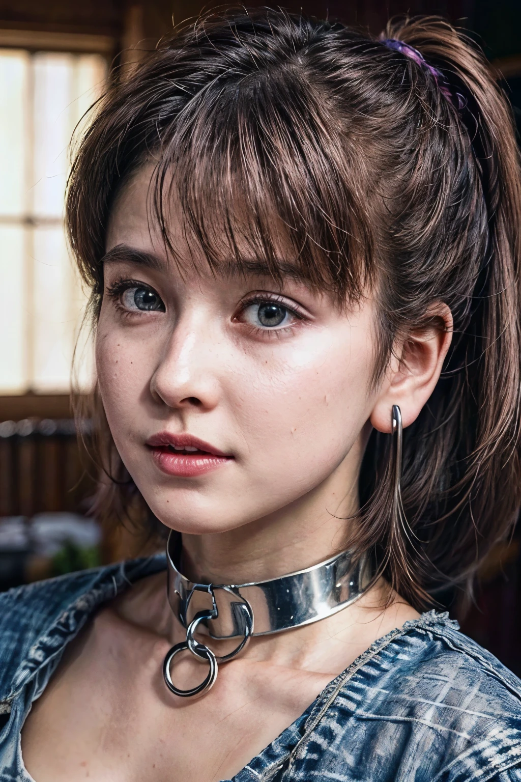 realistic, photo-realistic, masterpiece, best quality, intricate details, extremely detailed, cinematic lighting, solo, a Japanese mature woman, (spit out a lot of milk, drip milk from mouth), wearing some clothes, dark hair, bangs, ponytail, hair ornament, hair scrunchie, beautiful face, (detailed face, beautiful detailed eyes, sophisticated nose), brown eyes, pale skin, fine-textured skin, sweaty, shiny skin, earrings, (metal collar, o-ring), photo background, indoors, home, 