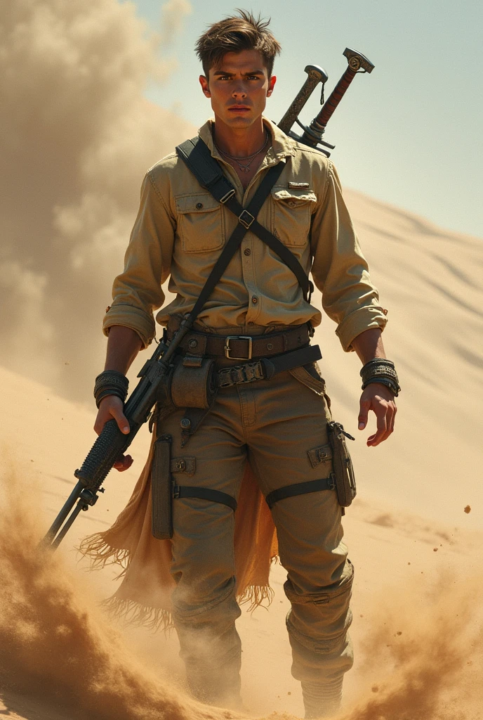 A young white man controlling sand, holding an AK47 rifle and with two swords on his back.