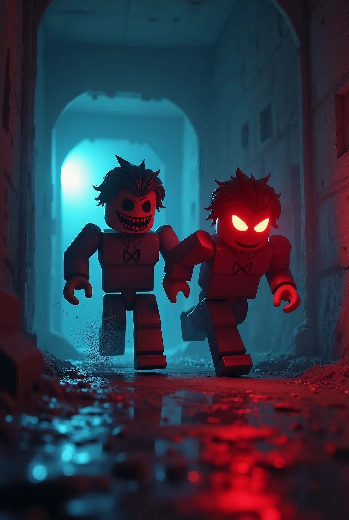 generates a person chasing another person with the style of roblox characters terror