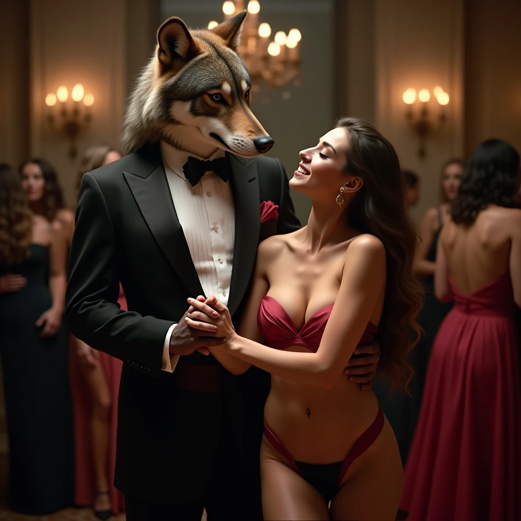 Wolf dressed in tuxedo dancing with naked woman with big breasts