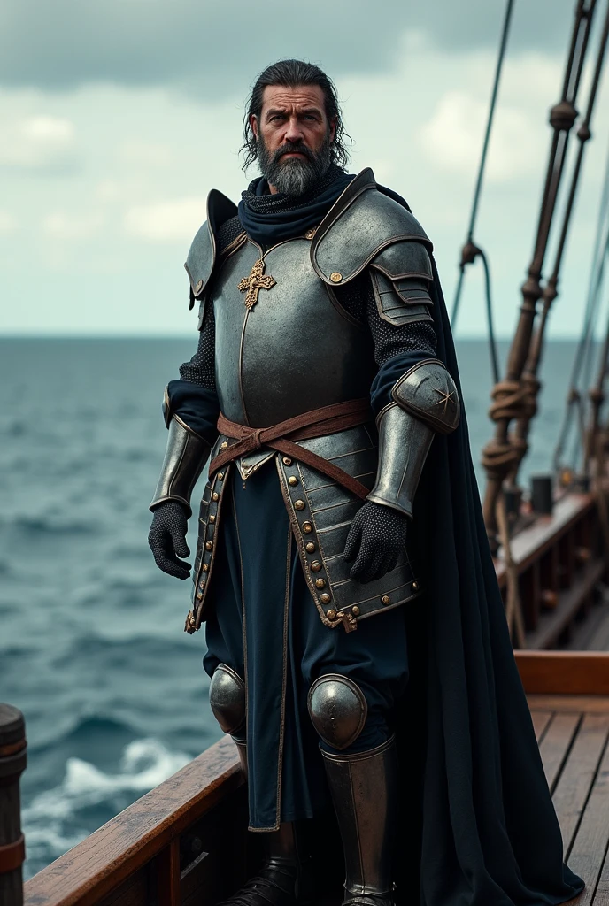 Create an image of a 49-year-old knight with black hair, dark eyes, and fair skin, in the background, he is on a ship at sea.