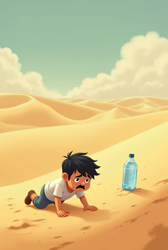 Raise a young white man, black hair and small, and short mustache, com semblante de choro em cartoon. He&#39;s in the middle of the desert crawling to a bottle of water..