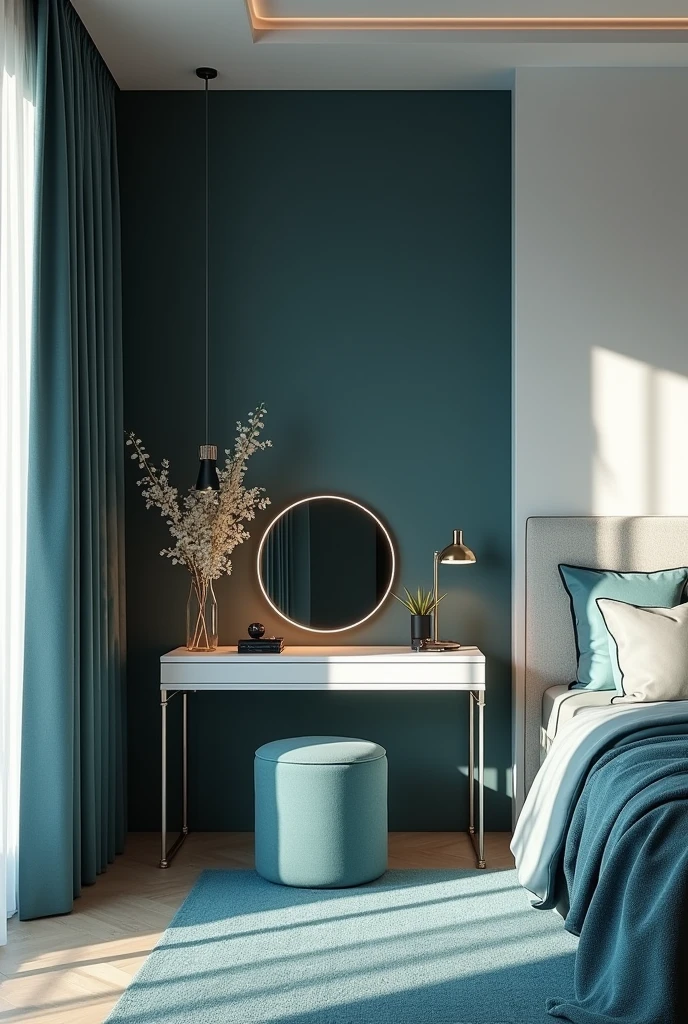 Professional 3d architecture rendering design of modern and Dark moss and white Thunder and light cream French design for bedroom and light blue Persian silk carpet and white painting wall and ligh matte cream makeup table