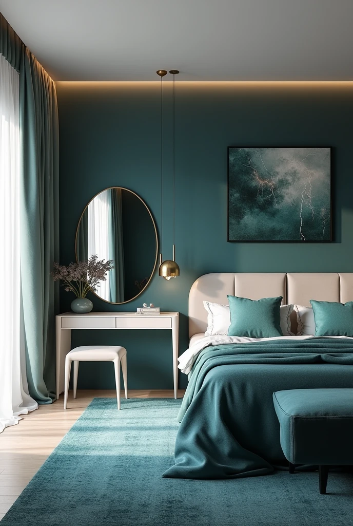 Professional 3d architecture rendering design of modern and Dark moss and white Thunder and light cream French design for bedroom and light blue Persian silk carpet and white painting wall and ligh matte cream makeup table