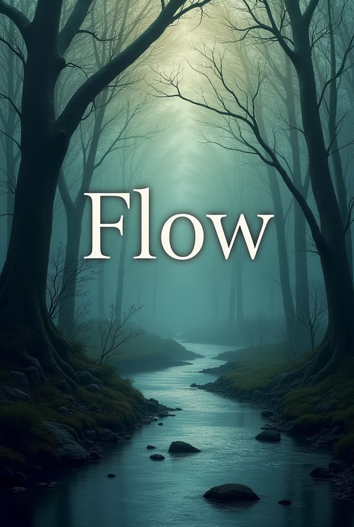 Can you create a book cover for me that has the title "flow" and is dark themed but also calming at the same time? 