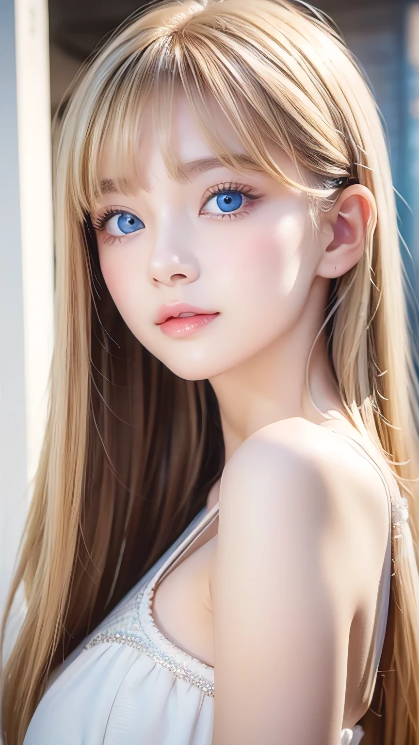 Incredibly bright, white, glossy, beautiful skin、Blonde hair color that changes with reflected light、Bangs between the eyes blocking the view、Glossy highlight on cheeks、sexy, very beautiful, lovely, cute, gorgeous face、The most beautiful face in the world、A beautiful girl、Super long blonde hair、smooth, straight hair、Big Breasts, Sparkling bright sky blue eyes、Beautiful bangs、Small Face Beauty、Round face、Very beautiful appearance