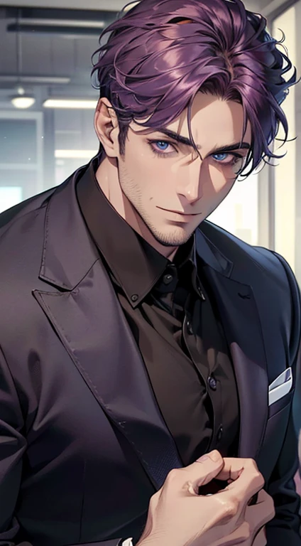 (best quality,4k,8k,highres,masterpiece:1.2),ultra-detailed,(realistic,photorealistic,photo-realistic:1.37),1 man,31 years old,mature man,very handsome,without expression,smile,short purple hair,blue eyes,penetrating gaze,perfect face without errors,imposing posture,businessman,office background,cinematic lighting,hdr image