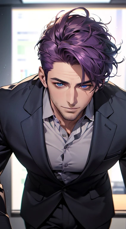 (best quality,4k,8k,highres,masterpiece:1.2),ultra-detailed,(realistic,photorealistic,photo-realistic:1.37),1 man,31 years old,mature man,very handsome,without expression,smile,short purple hair,blue eyes,penetrating gaze,perfect face without errors,imposing posture,businessman,office background,cinematic lighting,hdr image