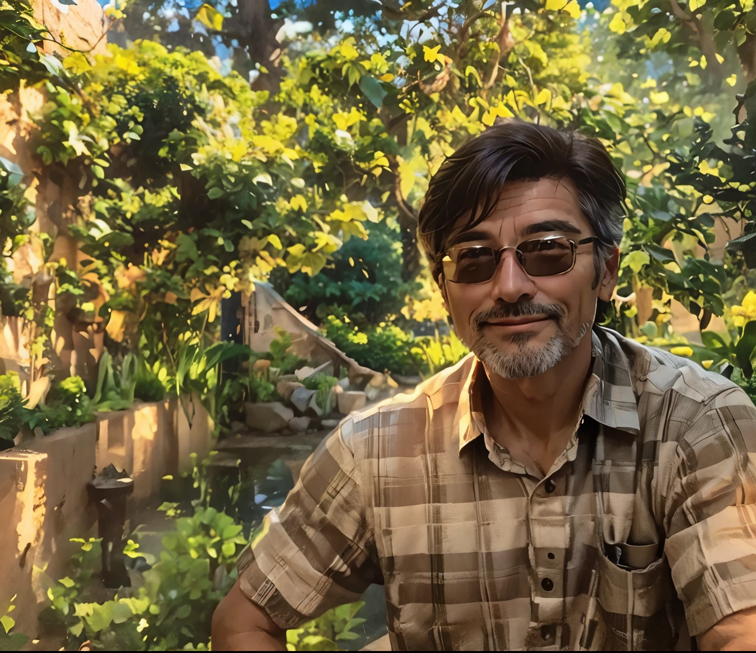 50 years old handsome man, sitting in his garden with nice landscaping in a sunny day