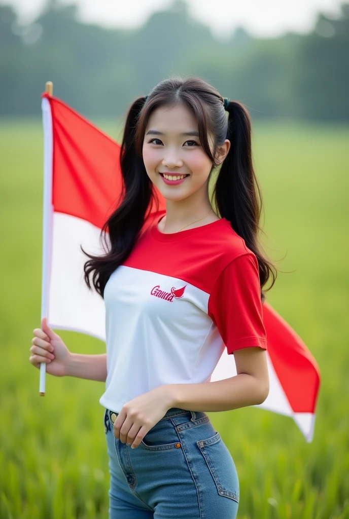 1 girl, Korean with beautiful skin, well-groomed face, standing in the solo field, outdoor, field, red and white short t-shirt, with Garuda logo, Indonesia holding, red and white flag, Levis pants, realistic, brown hair, smiling, brown eyes, hair black, long, twintails, looking towards the audience, standing, field.