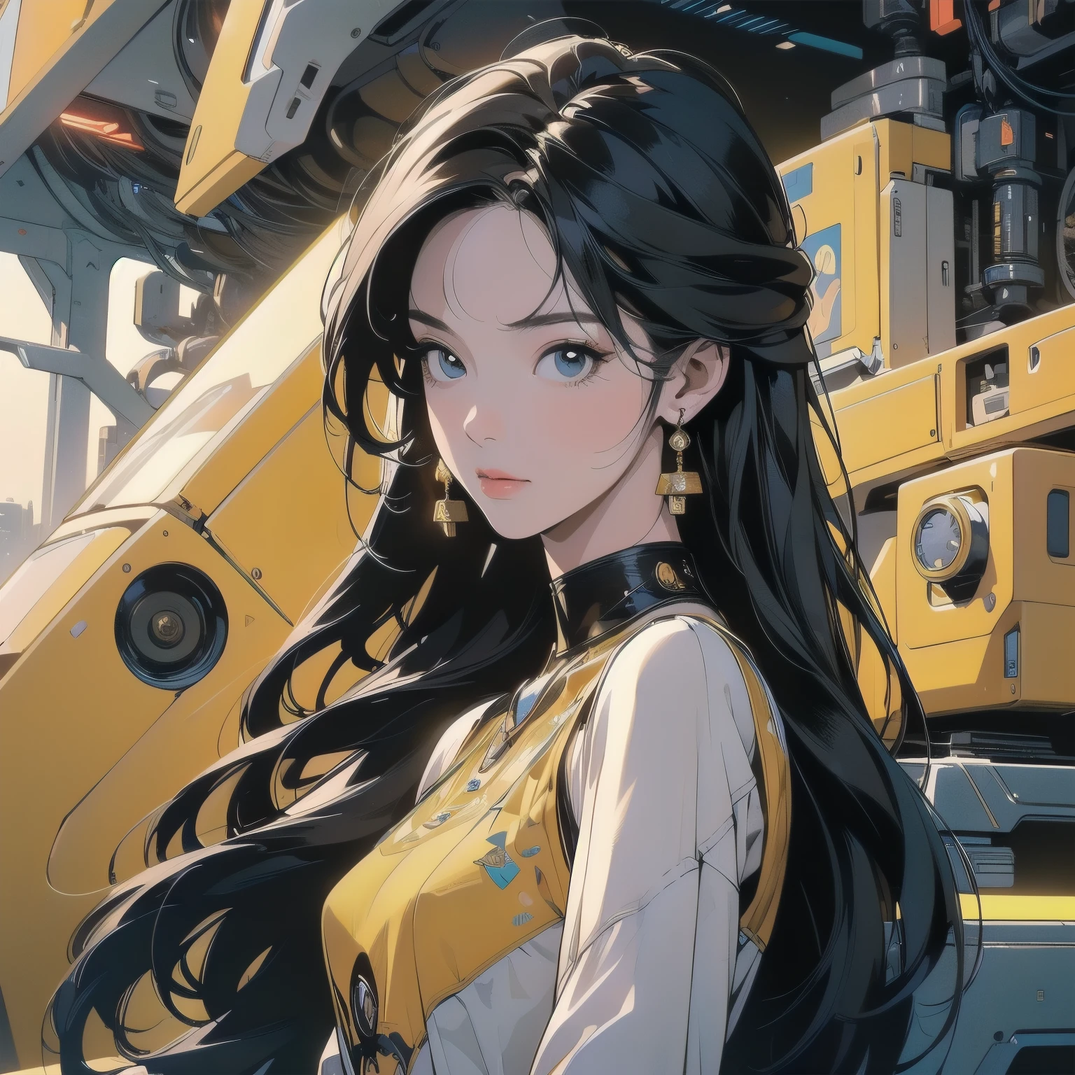 (((masterpiece, Highest quality)))、(((32K Wallpapers)))、The most detailed machine、(((The most complete and detailed yellow futuristic machine and a woman)))、The most detailed background、(((Flat Chest)))、(((Surrounded by many complex, sophisticated, futuristic machines)))、head shot,((((more various angle))))、((Overall colorfully))、A perfect machine、(((Perfect Face)))、(((The most complete machine of the future)))、Detailed Hair、トライガン