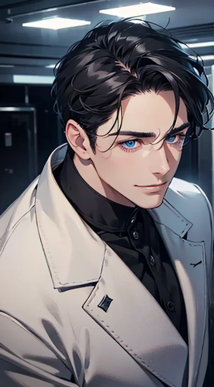 a mature man with short grey Black hair, blue eyes, 31 years, and a perfect face, smiling in love, CEO, cinematic lighting, 1:4 HDR image, top view, ultra detailed, best quality, masterpiece, 8K, photorealistic, beautiful image