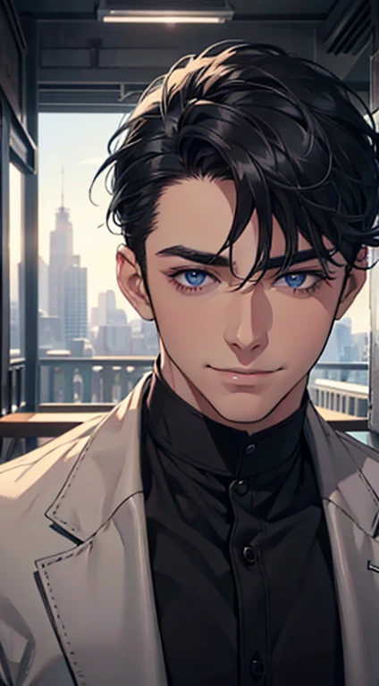 a mature man with short grey Black hair, blue eyes, 31 years, and a perfect face, smiling in love, CEO, cinematic lighting, 1:4 HDR image, top view, ultra detailed, best quality, masterpiece, 8K, photorealistic, beautiful image