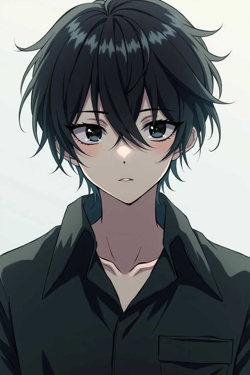 ((best quality)), (((masterpiece)), (detailed), very young 19-year-old male, pale skin, has dark circles, has big black hair with faded ends, black eyes, overzise shirt, front profile picture, Anime. Genshin impact style
