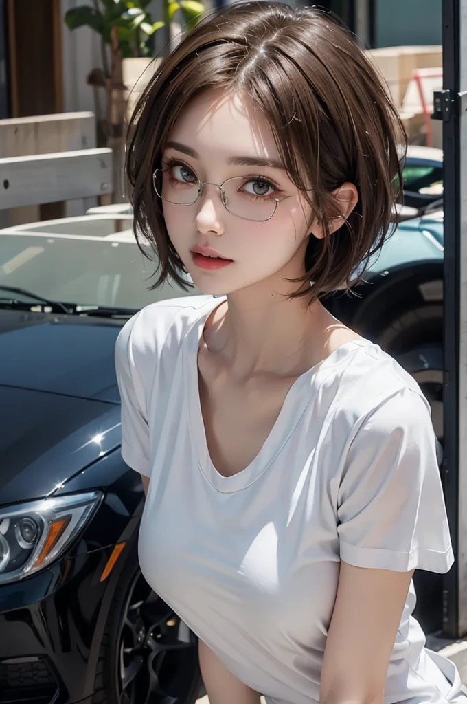 photo realistic, 1 woman, office lady, 30yo, cool beauty, very short hair, pixie cut, brown hair, swept bangs, brown eyes, double eyelids, under rim glasses, pink glossy lips, mouth slightly open, perfect female body, ample breasts, narrow waist, (white loose t-shirt), white downblouse, parking, red car, Stand next to the car, leaning forward, Putting their hand on the hood, (((shift your gaze))), (((look sideways))), masterpiece, anatomically correct, high details, high quality