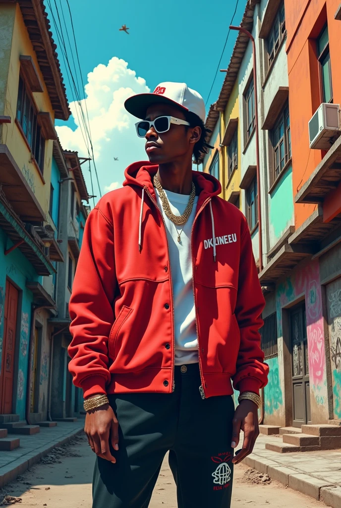 DKZIN.EU in front of a favela wearing hip hop clothes