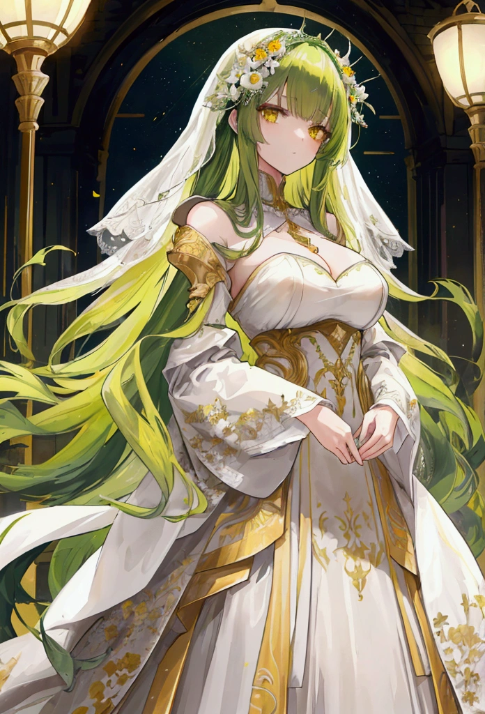 a woman with long dark green hair, yellow eyes,Wedding dress,Bangs,