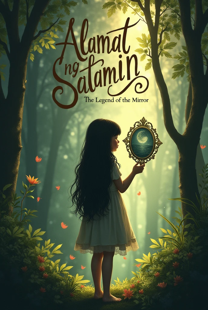 make a poster about a girl facing back while holding a small mirror make it nice put a text Alamat ng Salamin the girl is in the forest 