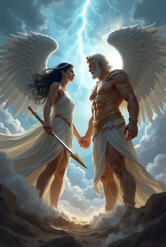 Athena, the goddess with wings in the sky, thunder and trident in hand, hurling thunder at her side, Zeus, god of Olympus. Both with dark hair and celestial eyes, imposing gods.  