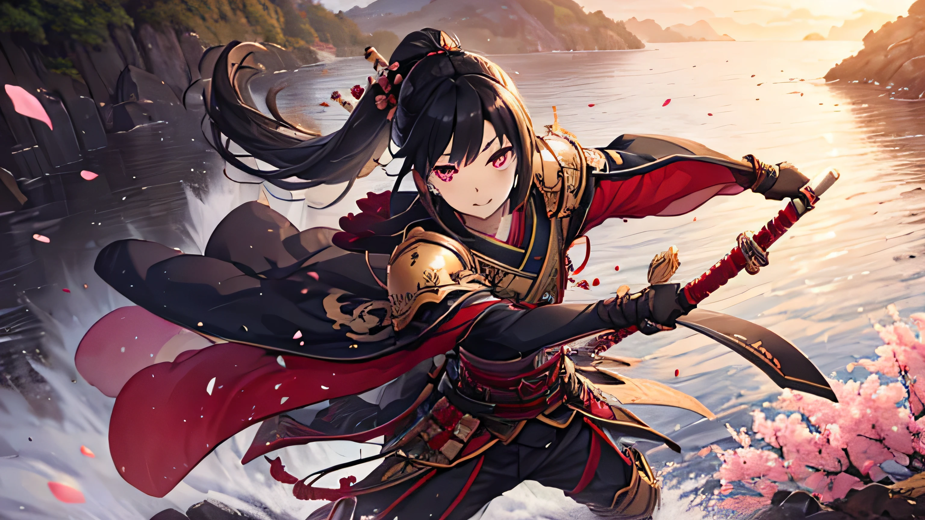 (最high quality, High resolution, Textured skin, high quality, Attention to detail, Highly detailed CG unification), (male),One person,Wearing Japanese-style armor,Japan sword swinging down,Black Hair,ponytail,Are standing,inflammation,Cherry blossom petals,male