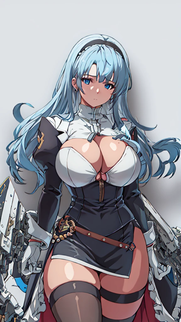 High detailed, masterpiece, High detailed, 1 girl, solo, -blue hair,, Blue eyes, big busty, firm chunky body white shirt, , deep cleavage, Juliet sleeves, pencil skirt, black thighhighs, white gloves, tall, Very prideful expression 