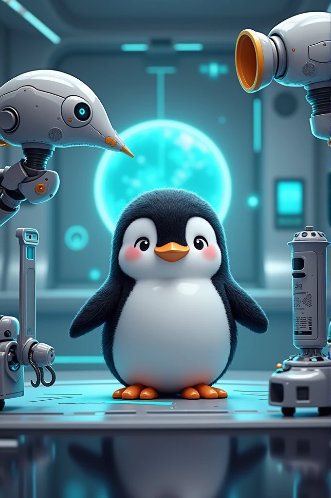 A cute penguin studying 4th industrial revolution technology like AI