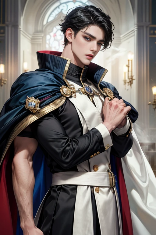 masterpiece, 最high quality, high quality, 1 boy, alone, Male focus, Watching the audience, Messy black hair, Adorable big blue eyes, White, Noble, Noble,Sexy Bomber Cape、A very voluminous, large, very large, very large, long, long red and black cape with a high stand-up collar, made of a lot of fabric that reaches down to the floor., ,Cute beautiful boys,Cute, cute, kind, handsome guy