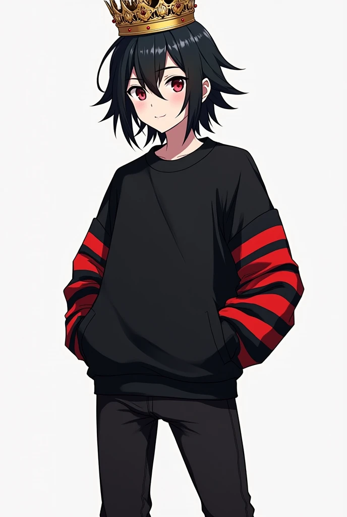 a character who has black hair with a crown a black sweatshirt with many red stripes on the sleeves teenager black pants white shoes anime