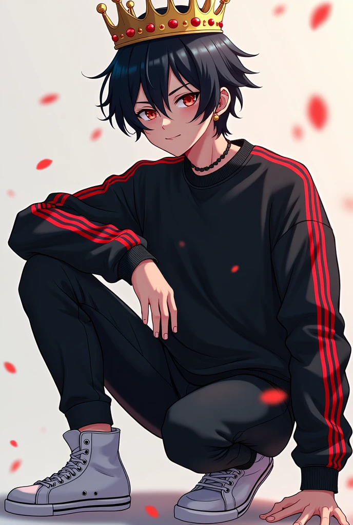 a character who has black hair with a crown a black sweatshirt with many red stripes on the sleeves teenager black pants white shoes anime