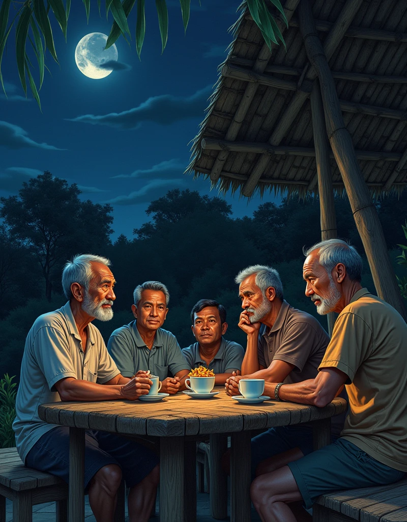 the night atmosphere at a simple little guard post made of wood and bamboo, the five Middle Aged Indonesian men of the village are guarding the Village, enjoying coffee and fried snacks, detailed face, realistic photo images with Don Lawrence's colored pencil strokes