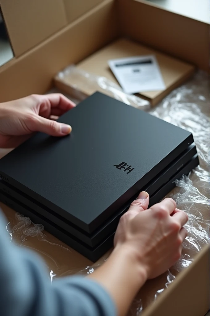 Create a realistic image of someone packing a Playstation 4 Pro. 