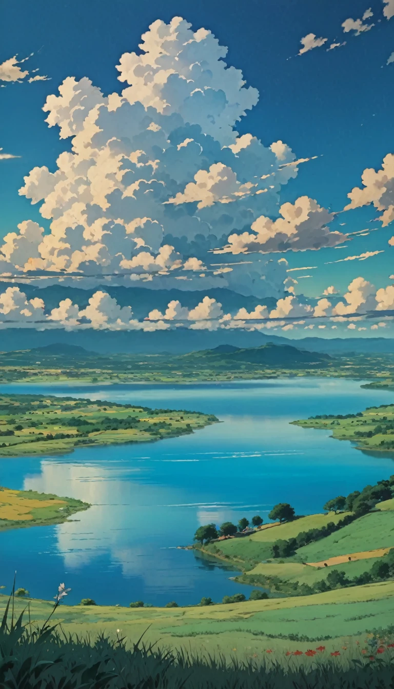Masterpiece 8k Studio ghibli A serene landscape Una vasta pradera con un cielo azul lleno de nubes con un lago!!!!! .8khdr