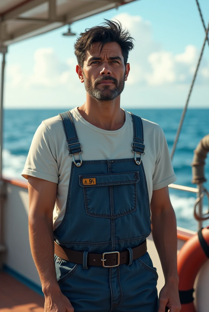 Create the image of a 49-year-old gentleman with black hair and dark eyes, dressed in a t-shirt and overalls buttoned at the waist and light skin in the background on a boat at sea