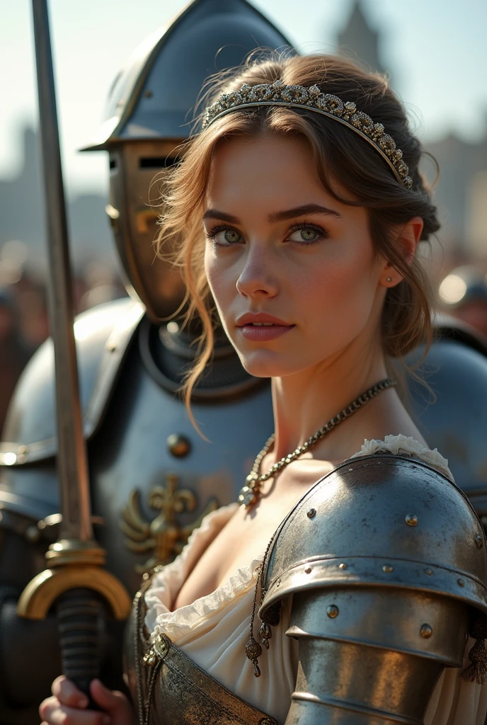 looking at viewer, English female, princess, 20 age-old, blond hair , chignon , fringe, beautiful blue eye, little smile, (middle cup breasts, slender whist, middle hip ),tiara , a scene of a medieval knight standing proudly in full armor. The knight is clad in a suit of shining metal armor, including arm armor, leg armor, The intricate details of the armor, such as the chainmail, plate armor, and decorative motifs, should be prominently featured, Brown laser arming clothes, (The knight stands tall with a shield in one hand and a sword in the other:1.5), exuding a sense of bravery and valor. The background should evoke a medieval setting, with a castle or battlefield in the distance, enhancing the knight's noble and heroic presence