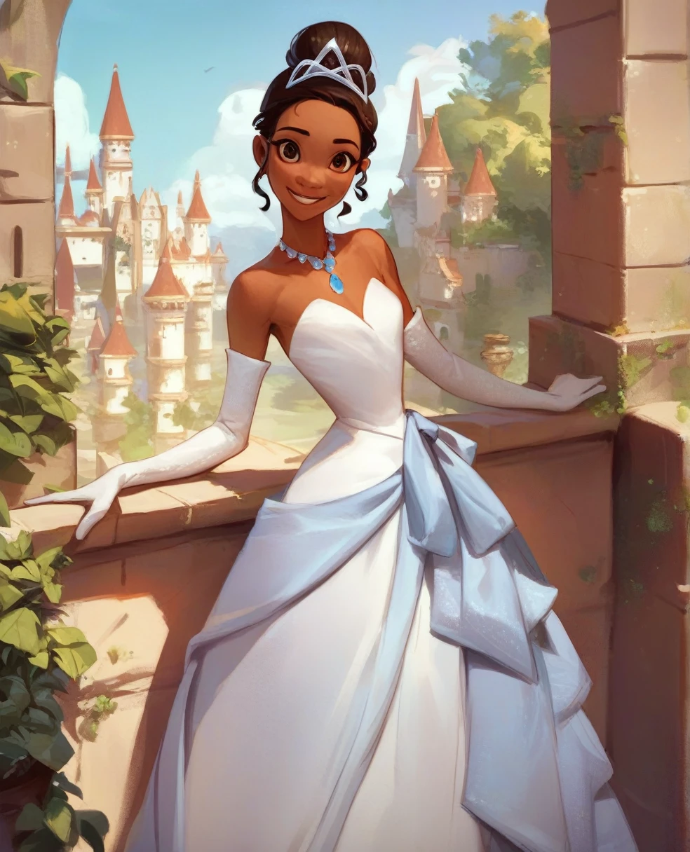 zPDXL,TianaXLP, hair bun, brown eyes, dark-skinned female, strapless dress, white dress, long skirt, necklace, elbow gloves, tiara, looking at viewer, smiling, standing, outside, courtyard, hedge, castle, sunny,