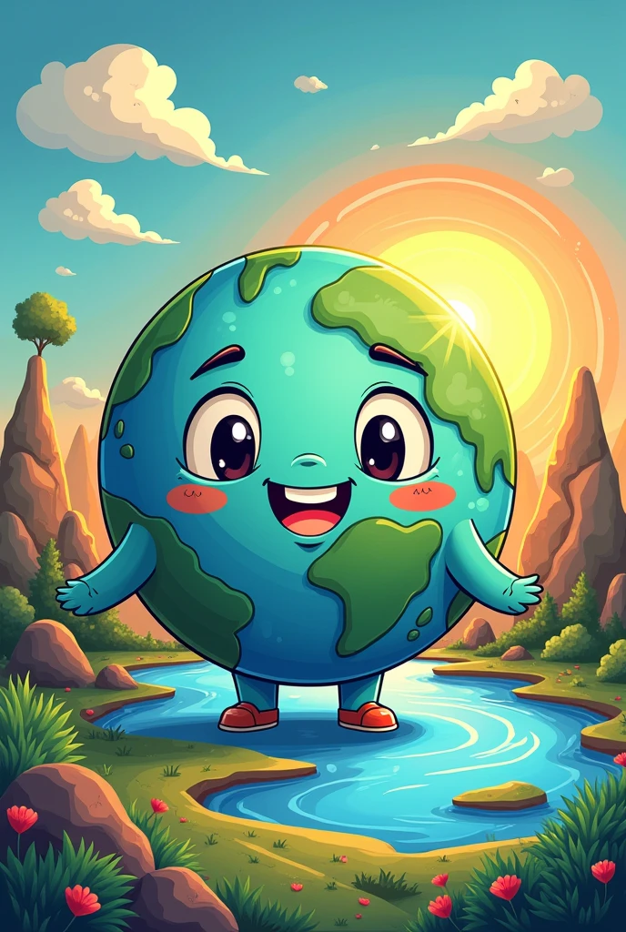 cartoon drawing of the earth showing the energy, atmosphere, temperature, water and nutrients that supports life