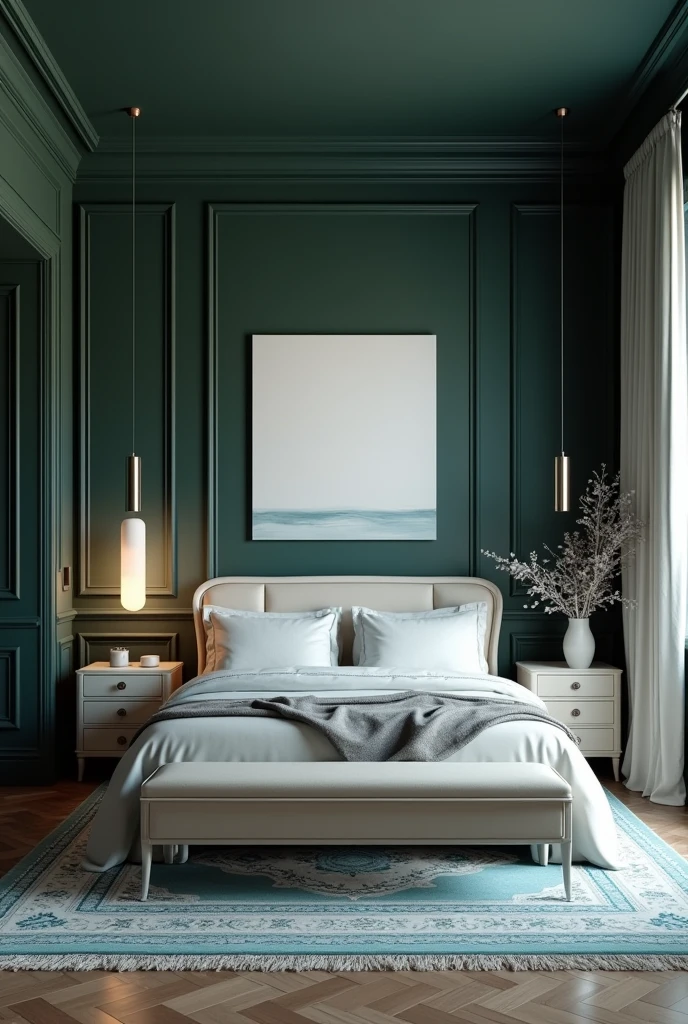 Professional 3d architecture rendering design of modern and Dark moss and white Thunder and light cream French design for bedroom and light blue Persian silk carpet and white painting wall