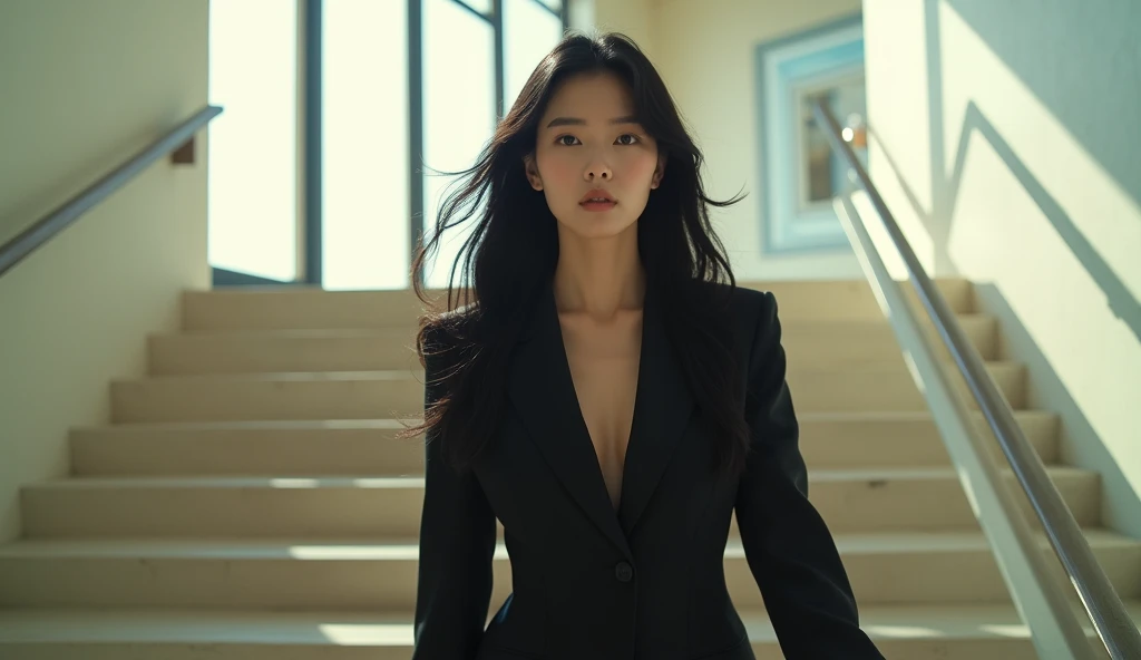 top view, a beautiful Korean woman with long black hair girl, wearing suit, going up stairs, in building, daylight, cinema style, real photo, close up,