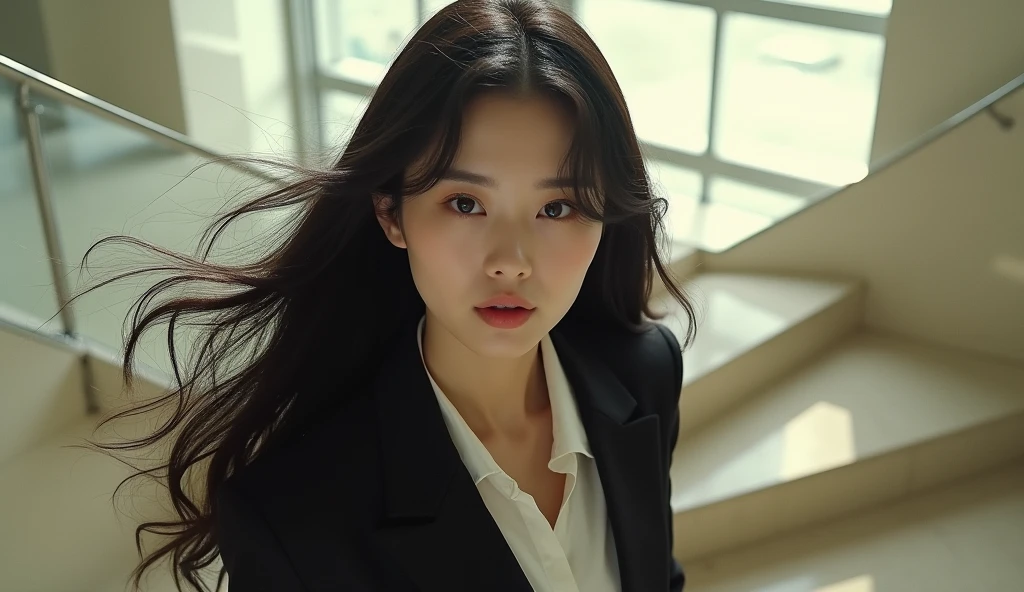 top view, a beautiful Korean woman with long black hair girl, wearing suit, going up stairs, in building, daylight, cinema style, real photo, close up, 