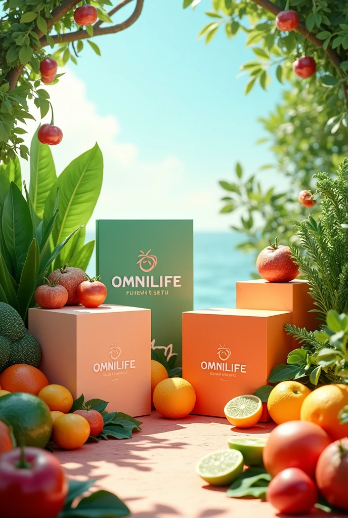 Display boxes with the OMNILIFE logo and fruits and vegetables around them , also makeup with Seytu logo and on the side plants and clear landscape