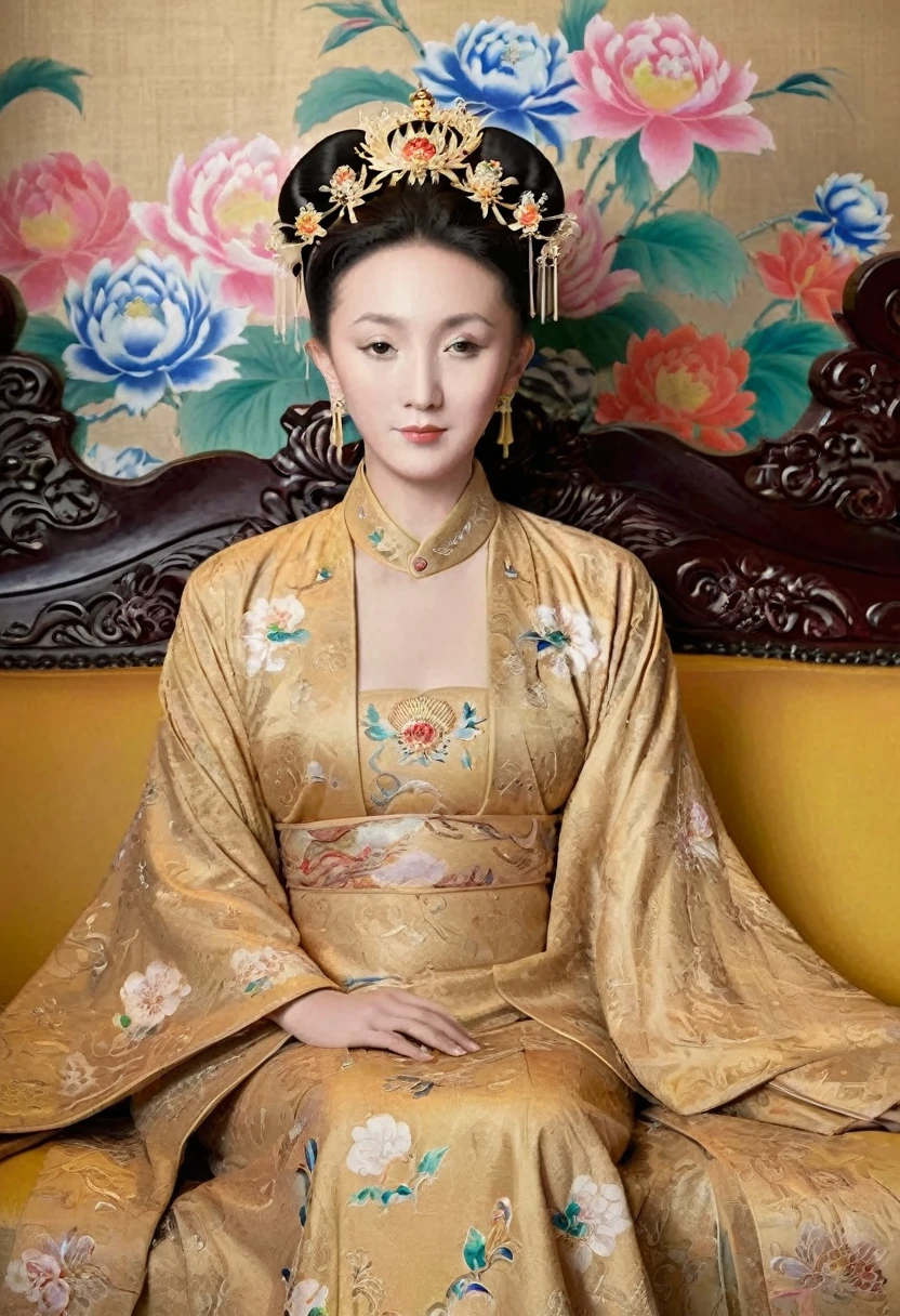 A full-body portrait of a Qing Dynasty Empress sitting naked on a large golden sofa in the palace., Empress of the Qing Dynasty, Wearing a large crown, She is completely naked, Showing off gorgeous large flowers and hairpins, She tied her hair up and pulled it up, 背景はEmpress of the Qing Dynastyの豪華な宮殿.