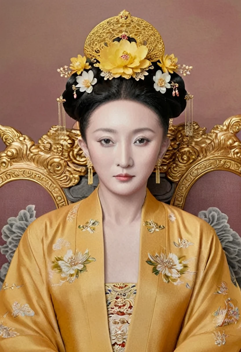A full-body portrait of a Qing Dynasty Empress sitting naked on a large golden sofa in the palace.,  Empress of the Qing Dynasty, Wearing a large crown, She is completely naked, Showing off gorgeous large flowers and hairpins, She tied her hair up and pulled it up, 背景はEmpress of the Qing Dynastyの豪華な宮殿.