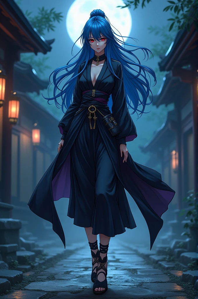 Anime style vampire with blue hair dressed like a ninja and wearing straw shoes
