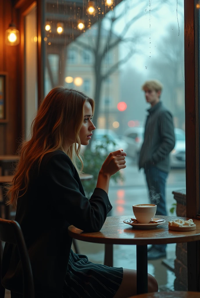 Make Lili Collins in a coffee shop drinking coffee with school clothes ,And by the window there is a man watching her from the other side of the road , He is tall, blonde with medium-length hair wearing school clothes, rainy atmosphere